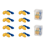 Juego de 10 tapones auditivos de silicona JORESTECH con cordón en amarillo y azul sobre fondo blanco. 2 juegos vienen en una pequeña caja plástica de transporte