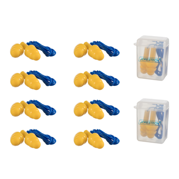 Juego de 10 tapones auditivos de silicona JORESTECH con cordón en amarillo y azul sobre fondo blanco. 2 juegos vienen en una pequeña caja plástica de transporte