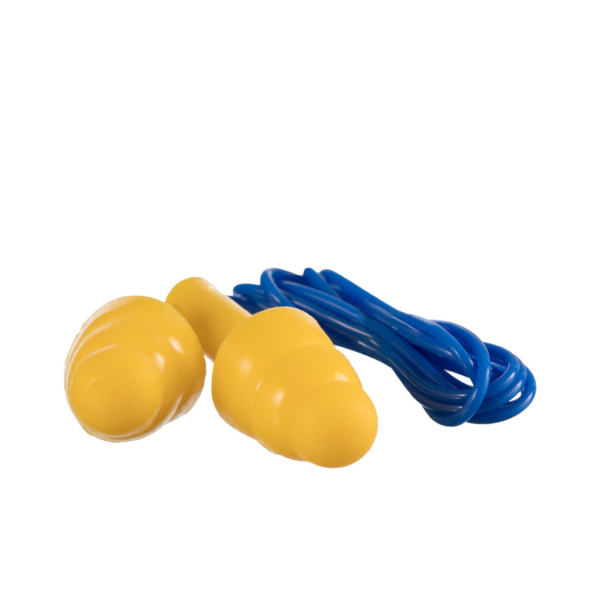 un juego de tapones auditivos con cordón JORESTECH® de silicona tri-flange en colores amarillo y azul para protección auditiva