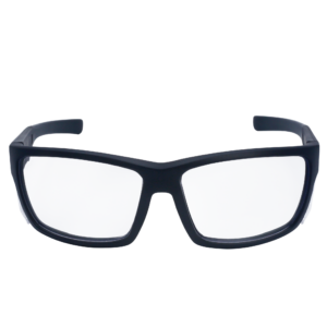 La imagen muestra una vista frontal de unas gafas de seguridad JORESTECH con protector lateral transparente para protección contra impactos altos. Estas gafas de seguridad con protectores laterales transparentes cumplen con ANSI y cuentan con marco negro y lentes transparentes de policarbonato. El fondo de la imagen es blanco.