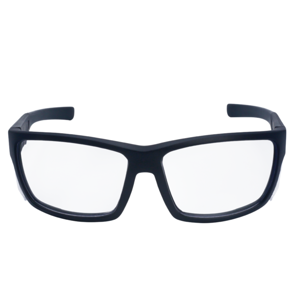 La imagen muestra una vista frontal de unas gafas de seguridad JORESTECH con protector lateral transparente para protección contra impactos altos. Estas gafas de seguridad con protectores laterales transparentes cumplen con ANSI y cuentan con marco negro y lentes transparentes de policarbonato. El fondo de la imagen es blanco.