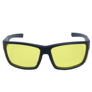La imagen muestra una vista frontal de unas gafas de seguridad JORESTECH amarillas con protector lateral transparente para protección contra alto impacto. Estas gafas de seguridad cumplen con la norma ANSI y tienen marco negro y lentes de policarbonato amarillas. El fondo de la imagen es blanco