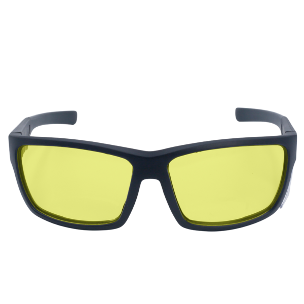 La imagen muestra una vista frontal de unas gafas de seguridad JORESTECH amarillas con protector lateral transparente para protección contra alto impacto. Estas gafas de seguridad cumplen con la norma ANSI y tienen marco negro y lentes de policarbonato amarillas. El fondo de la imagen es blanco