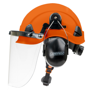 Vista lateral del sistema de casco Jorestech naranja 3 en 1 con pantalla facial y orejeras montables