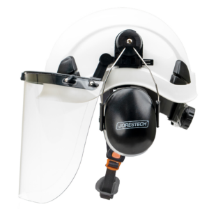 Vista lateral del sistema de casco Jorestech blanco 3 en 1 con protector facial y orejeras montables