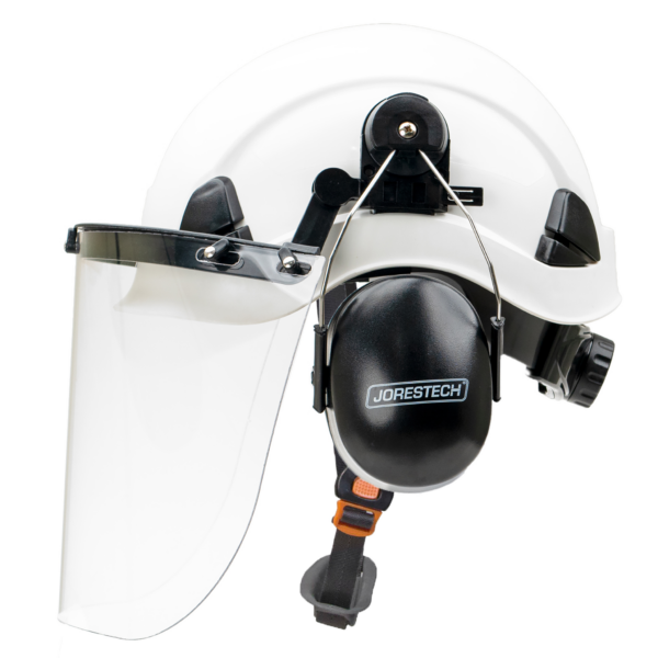 Vista lateral del sistema de casco Jorestech blanco 3 en 1 con protector facial y orejeras montables