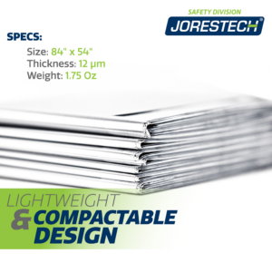 Primer plano de la manta de emergencia JORESTECH color plata, tamaño 84" x 54" y peso 1.75 oz. El texto dice: diseño ligero y compacto