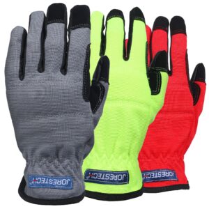 3 guantes de seguridad para trabajo con pantalla táctil de diferentes colores incluidos en el kit de 3 pares. Los colores son rojo, amarillo/lima y gris