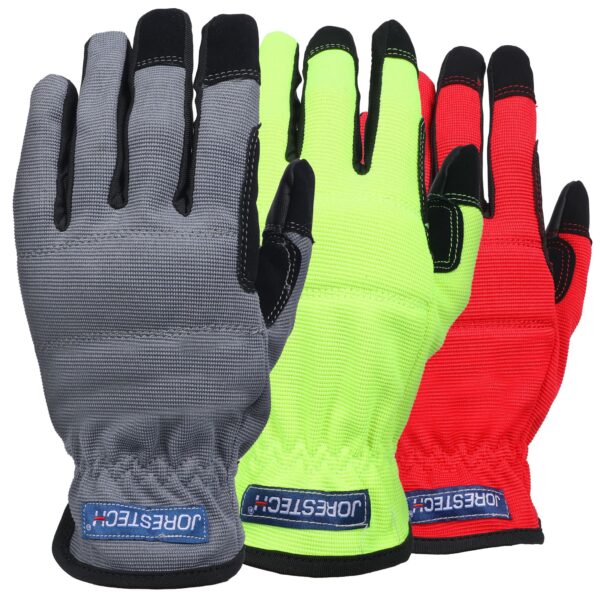 3 guantes de seguridad para trabajo con pantalla táctil de diferentes colores incluidos en el kit de 3 pares. Los colores son rojo, amarillo/lima y gris