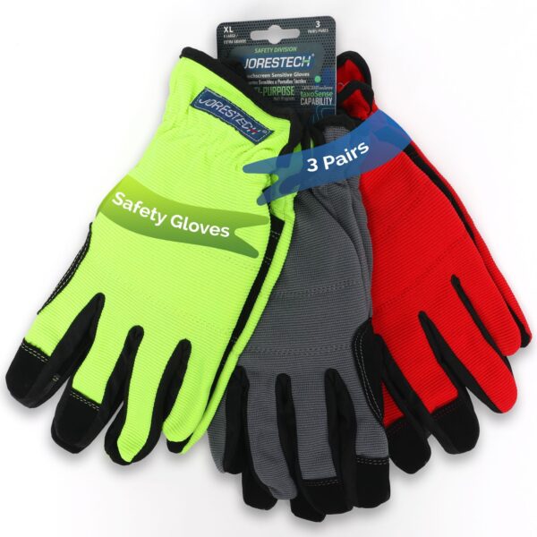 3 pares de guantes de trabajo de seguridad con pantalla táctil en colores lima, rojo y gris.