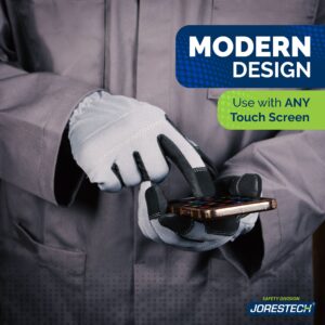 Persona usando un teléfono móvil con guantes de trabajo de seguridad para pantalla táctil. Guantes compatibles con cualquier pantalla táctil