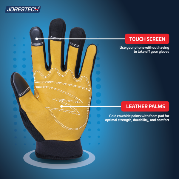 Guante de trabajo de seguridad con pantalla táctil, palma de cuero vacuno dorado y acolchado de espuma para protección, durabilidad y resistencia