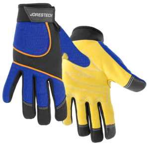 1 par de guantes de trabajo de seguridad JORESTECH azules para pantalla táctil con palmas de cuero amarillo