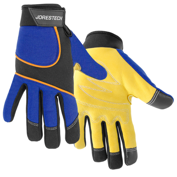 1 par de guantes de trabajo de seguridad JORESTECH azules para pantalla táctil con palmas de cuero amarillo