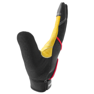 Guante de trabajo de seguridad JORESTECH para mecánicos con palma de cuero negro y amarillo