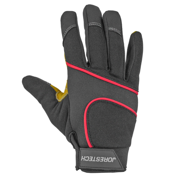 Parte frontal de los guantes de trabajo de seguridad JORESTECH negros con pantalla táctil, palmas de cuero y ribete para mayor protección