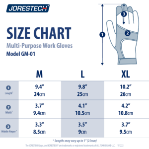 Tabla de tallas para los guantes de trabajo de seguridad táctiles JORESTECH con palmas de cuero dorado