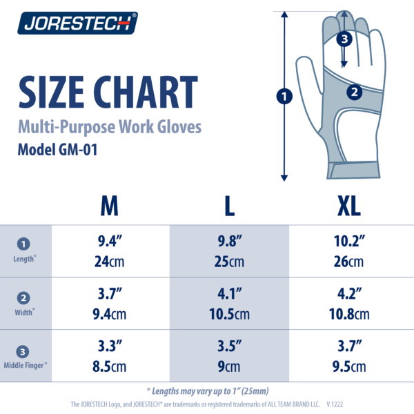 Tabla de tallas para los guantes de trabajo de seguridad táctiles JORESTECH con palmas de cuero dorado