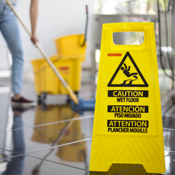 El soporte de advertencia Jorestech de doble cara para piso mojado, usado mientras una persona limpia el piso con trapeador.