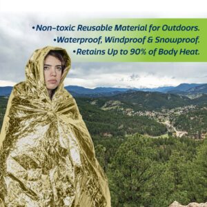Una persona usando una manta de emergencia para protección contra el viento, el frío y el sol en la cima de una montaña. El texto dice: material no tóxico reutilizable para exteriores. Impermeable, a prueba de viento y de nieve. Retiene hasta el 90% del calor corporal.