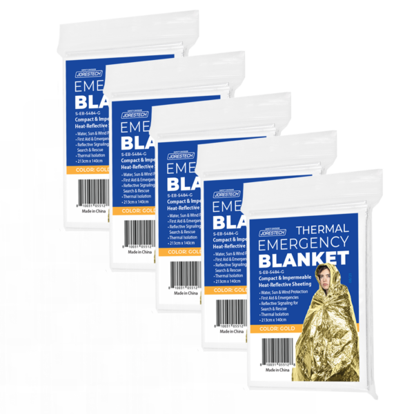5 mantas de emergencia JORESTECH de color dorado Thermafoil, empaquetadas individualmente, utilizadas para primeros auxilios, como señalización reflectante, para búsqueda y rescate y como aislamiento térmico