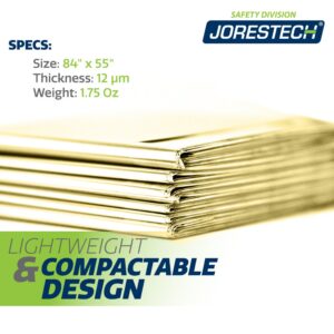 Primer plano de la manta de emergencia JORESTCH color dorado con medidas de 84" x 54" y peso de 1.75 oz. El texto dice diseño ligero y compacto