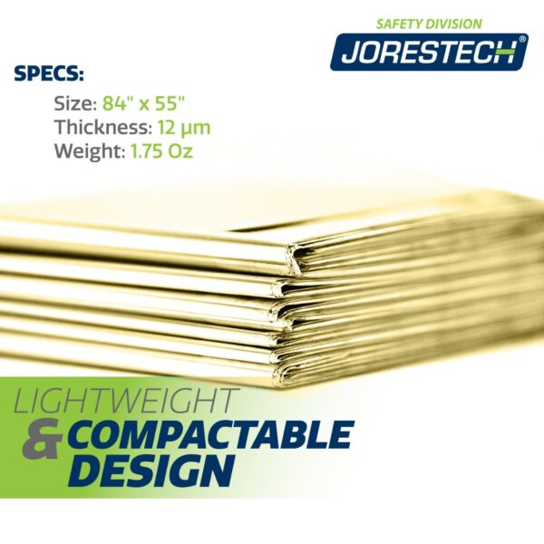 Primer plano de la manta de emergencia JORESTCH color dorado con medidas de 84" x 54" y peso de 1.75 oz. El texto dice diseño ligero y compacto
