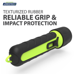 Vista trasera de 1 linterna JORESTECH® negra y lima, ultraligera, brillante y resistente a la intemperie. El texto dice: Agarre confiable de goma texturizada y protección contra impactos
