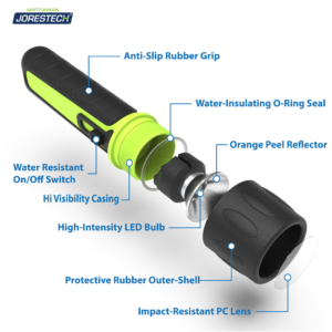 Características de la linterna impermeable. Incluye: empuñadura de goma antideslizante. Junta tórica aislante contra el agua. reflector de haz amplio. Lente de PC resistente a impactos. Carcasa exterior de goma protectora. Bombilla LED de alta intensidad. Carcasa de alta visibilidad. Interruptor de encendido/apagado resistente al agua.