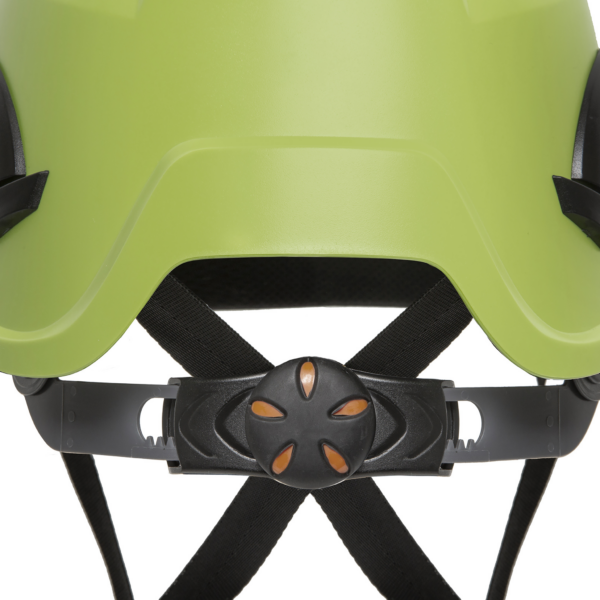 Primer plano que muestra el mecanismo de ajuste de trinquete negro del casco de seguridad JORESTECH de ABS ventilado, conforme a ANSI, con 4 puntos de suspensión
