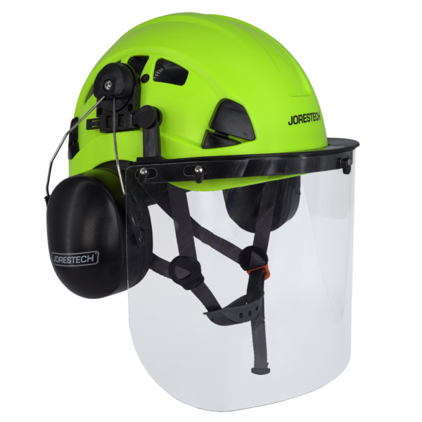 Casco ventilado con pantalla facial de PC y orejeras