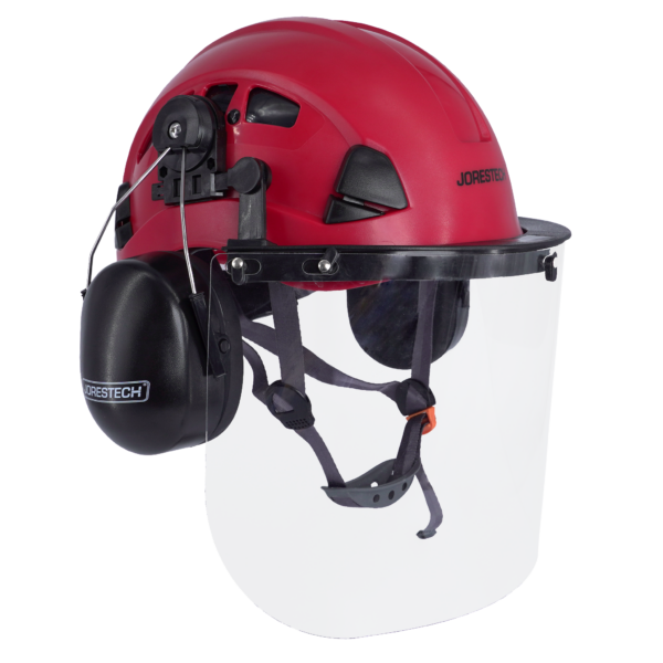 Casco ventilado con pantalla facial de PC y orejeras
