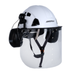 Casco ventilado con pantalla facial de PC y orejeras