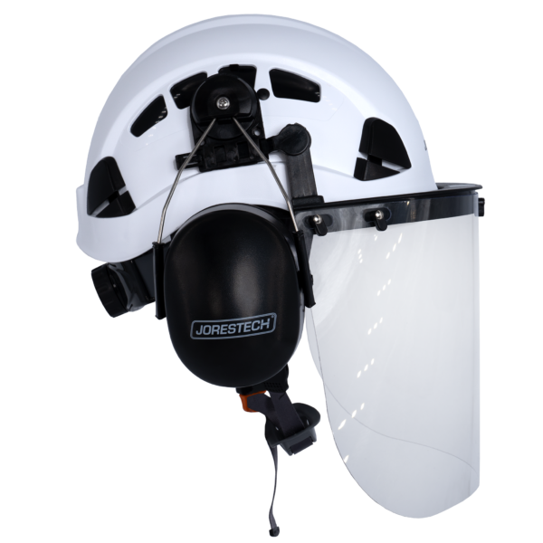 Casco ventilado con pantalla facial de PC y orejeras