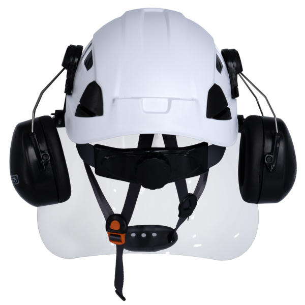 Casco ventilado con pantalla facial de PC y orejeras