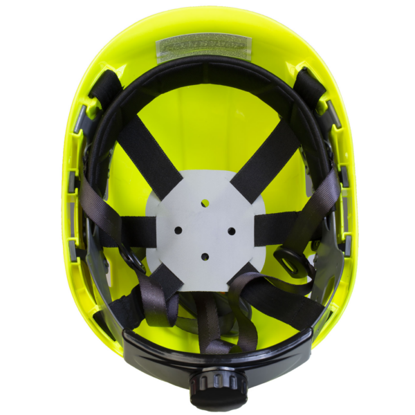 vista inferior del casco de seguridad color lima con suspensión de 6 puntos instalada para protección de la cabeza