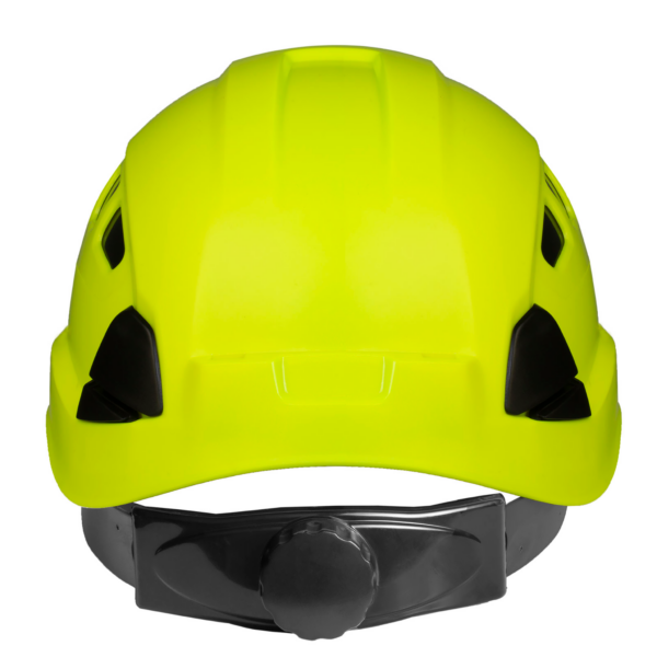 El casco ventilado Jorestech color lima con suspensión ajustable de 6 puntos. Muestra el sistema de trinquete negro
