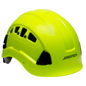 Vista diagonal del casco de rescate ventilado Jorestech color lima con suspensión ajustable de 6 puntos