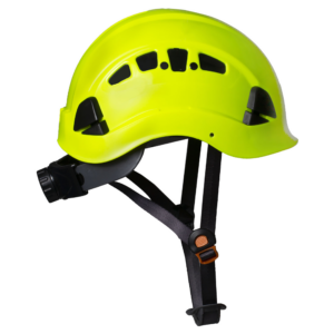 Vista del casco de rescate ventilado Jorestech color lima, Tipo 1 Clase C, con suspensión ajustable de 6 puntos y correa para la barbilla