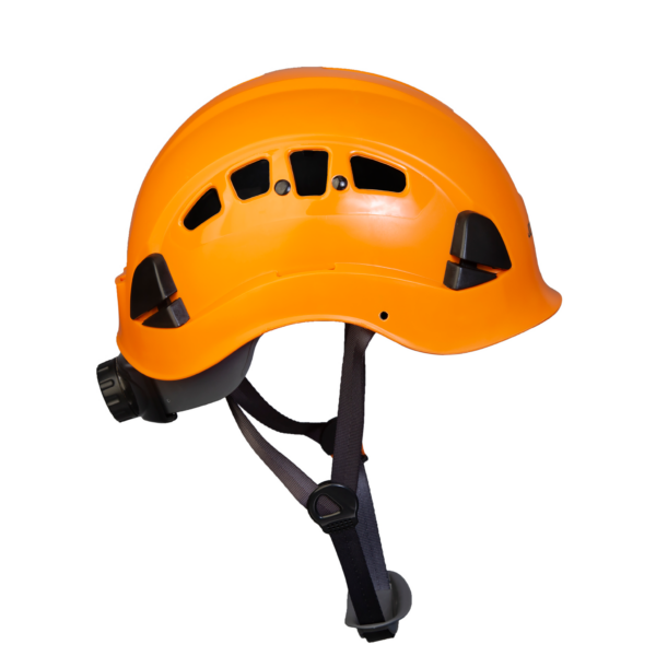 Vista lateral del casco de rescate ventilado Jorestech naranja Tipo 1 Clase C con suspensión ajustable de 6 puntos y correa negra para virutas