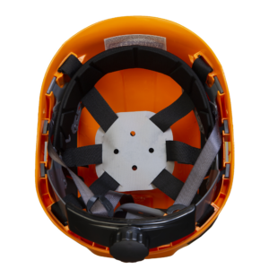 Vista inferior del casco de seguridad ventilado naranja Jorestech con suspensión ajustable de 6 puntos. La suspensión está instalada dentro de la carcasa del casco.