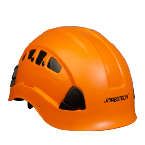 vista en diagonal del casco duro ventilado naranja Jorestech con suspensión ajustable de 6 puntos y correa para el mentón