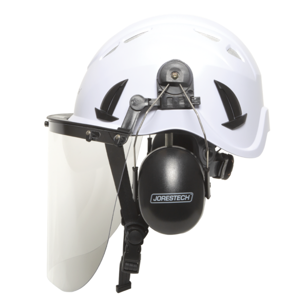 Vista lateral de un sistema de casco JORESTECH blanco ventilado para trabajos en altura, con pantalla facial transparente de plástico y orejeras negras incluidas