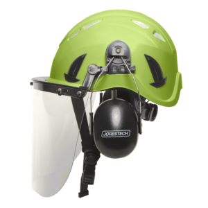 Vista lateral de un sistema de casco de escalada de seguridad ventilado JORESTECH en color lima/verde, con pantalla facial transparente de plástico y orejeras negras incluidas
