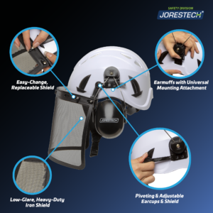 Características del sistema de casco de seguridad blanco Jorestech con visor facial de malla de hierro y orejeras. Cuatro indicaciones dicen: visor reemplazable de fácil cambio, orejeras con sistema de montaje universal, visor de hierro resistente de bajo brillo, orejeras y visor pivotantes y ajustables