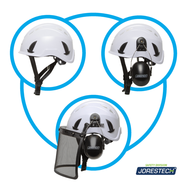 Presenta 3 formas diferentes de usar este sistema de seguridad: solo el casco, el casco con orejeras, y el casco con orejeras y pantalla facial.