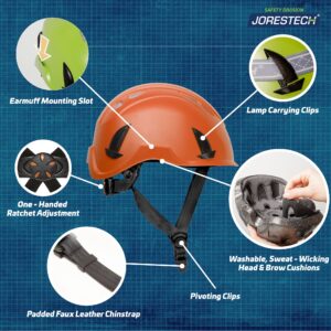 Banner que muestra un sistema de casco de seguridad naranja con lámpara frontal. El texto con llamadas señala: ranuras de montaje para orejeras, clips para sujetar la lámpara, acolchados lavables que evacuan el sudor para la cabeza y la frente, barboquejo acolchado de cuero sintético, ajuste de trinquete con una sola mano y ranuras de montaje para orejeras