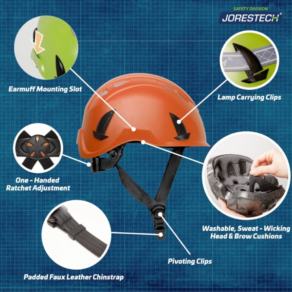 Banner que muestra un sistema de casco de seguridad naranja con lámpara frontal. El texto con llamadas señala: ranuras de montaje para orejeras, clips para sujetar la lámpara, acolchados lavables que evacuan el sudor para la cabeza y la frente, barboquejo acolchado de cuero sintético, ajuste de trinquete con una sola mano y ranuras de montaje para orejeras