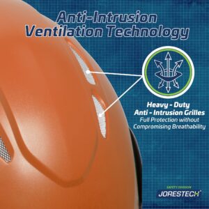Primer plano del casco ventilado JORESTECH naranja clase 1 tipo C mostrando las rejillas de ventilación. El título del texto dice: tecnología de ventilación antiintrusión. El texto secundario con icono dice: rejillas antiintrusión de alta resistencia, protección total sin comprometer la transpirabilidad.