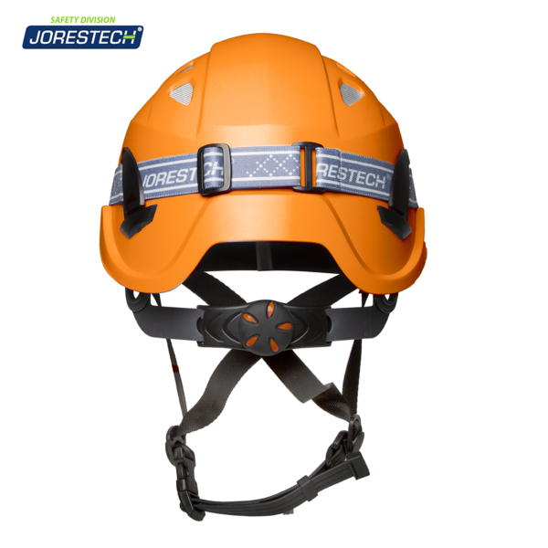 Vista trasera de un casco de seguridad JORESTECH naranja conforme a ANSI con ventilación, mostrando la correa ajustable de una lámpara frontal.